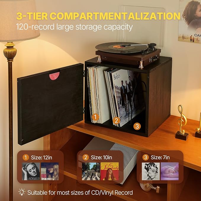 DGWJSU Vinyl Record Storage, Record Storage Box Holds 120 Records, Wooden Vinyl Holder Display Window(7″/10″/12″), Vinyl Storage For Music Corners, Display Collections, Home Theaters, Living Rooms