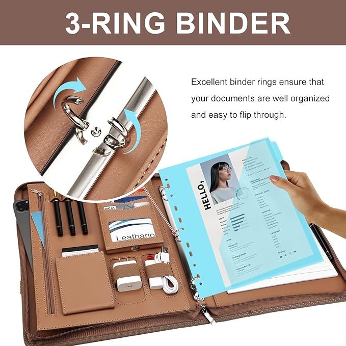 Leathario Portfolio Binder, Includes 5 Folder Index Dividers, 13 Inch Tablets Organizer with Handle, Vegan Leather A4 Padfolio, Multi-Pocket Notepad Business Planner Professional Document