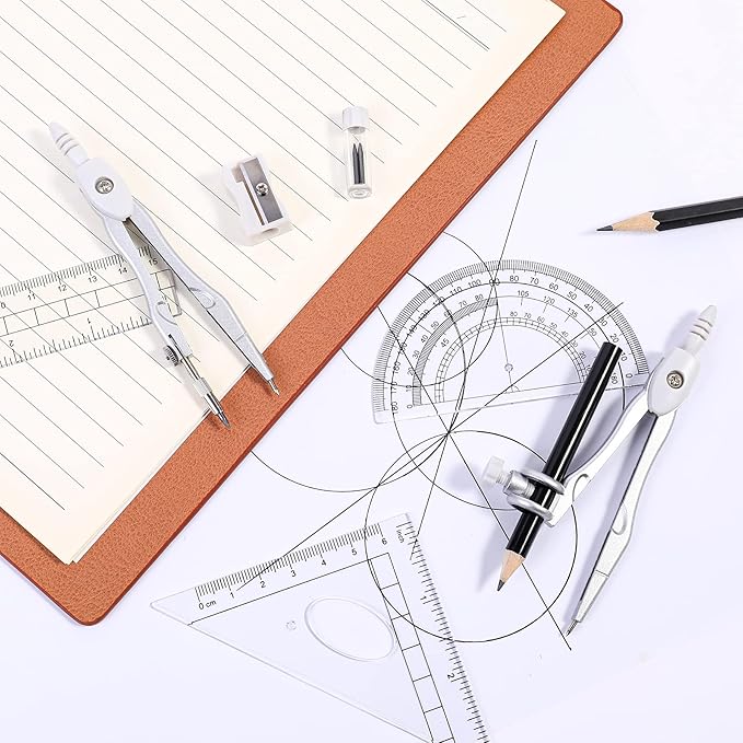 Vobou Math Geometry Kit Sets 10 Piece Student Supplies with Shatterproof Storage Box,Includes Rulers,Protractor,Compass,Eraser,Pencil Sharpener,Lead Refills,Pencil,for Drafting（White）