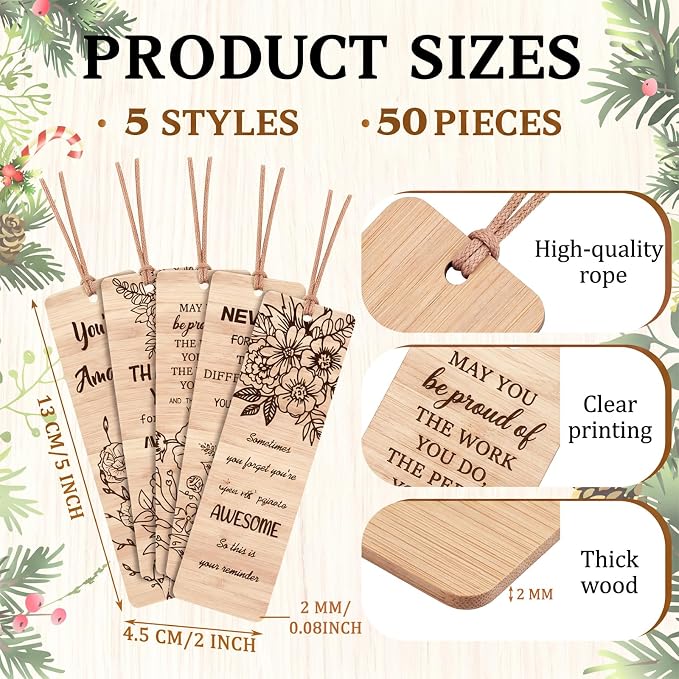Resurhang 100 Pcs End of Year Classroom Gifts Bulk Wood Inspirational Bookmarks with Floral Encouraging Team Thank You Gift for Women Employee Coworker Paraprofessional Colleagues Teachers