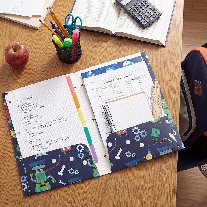 Marspark 12 Pack Pocket Folders for Boys School Folder with Pocket 3 Hole and 2 Pockets Compatible File Holder Heavy Duty Fun Trendy Design for Back to School Office Elementary Classroom Filing