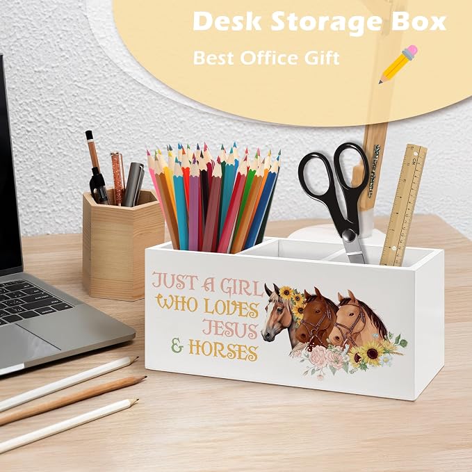 Christian Jesus Horse Pen Holder Organizer, Horse Lover Gifts, Christian Desk Decor, Floral Farm Horses Wooden Pen Pencil Holders for Girls Room Office Desk Accessories