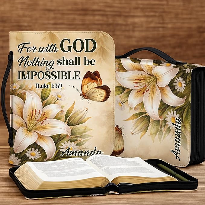 Custom Leather Bible Cover with Name – Personalized Bible Case for Women Zippered with Handle, Bookmark & Storage Pockets, Christian Gift for Mom, Daughter, Grandma (for with God, M-2XL)