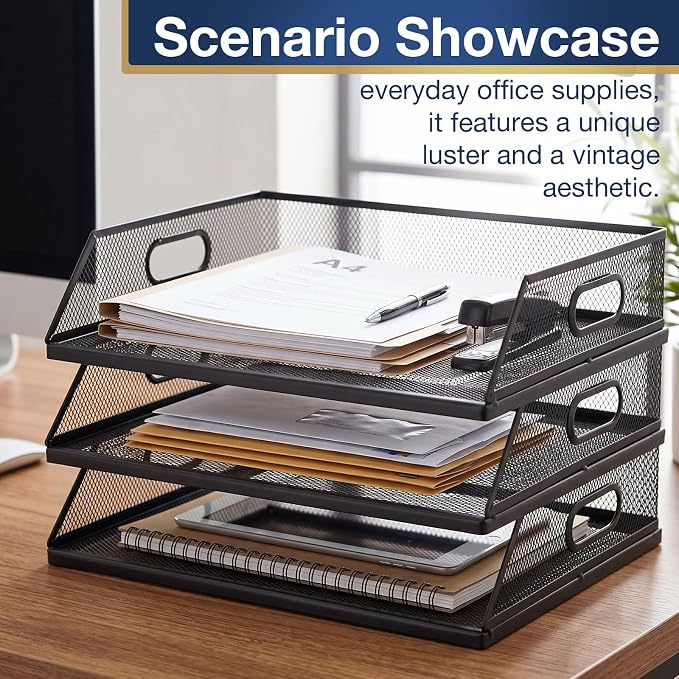 3 Pcs Paper Organizers Metal Mesh Desk Organizer Stackable Desk Tray Single Wire Mesh Organizer Front Load File Paper Holder for Desktop Office Home Classroom School