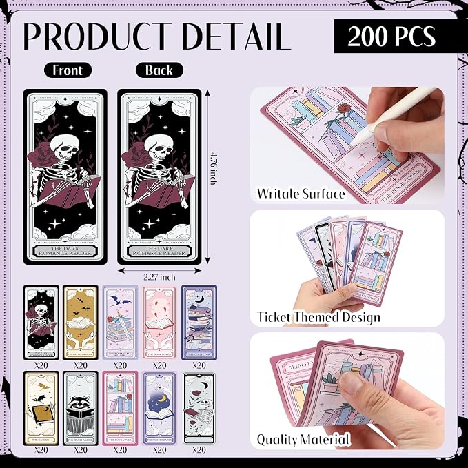 Gersoniel 200 Pcs Dark Romance Bookmarks Summer Halloween Ghothic Cute Tarot Pop Magic Ticket Designed Reading Tracker Reading Accessory Bookish Page Clip Gifts for Book Lover School Library