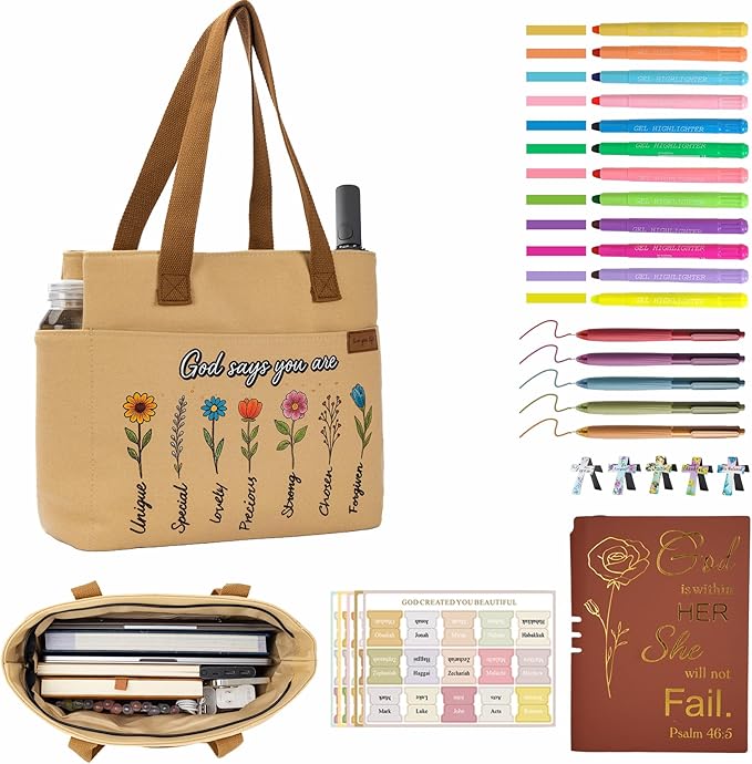 25 PCS Bible Study Supplies Kit, Large Capacity Canvas Tote Bag for Women Organizer, Bible Highlighters and Quick Dry Pens No Bleed Through Tabs, Christmas Christian Gifts for Women Mom Friends