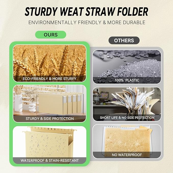 XINGIA Wheat Straw Legal Size Hanging File Folders, Extra Capacity 2'' Expandable Plastc File Folders with Tabs,12 Pack Heavy Duty Filing Cabinet Folders for Oversized Bulky Files(Morandi Yellow)