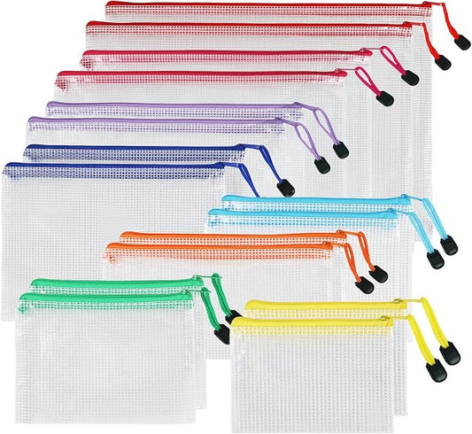 MultiBey 16 Pack Mesh Zipper Bags in 8 Sizes, Clear Waterproof Organizer Pouches with Colored Pulls for Puzzles, Diamond Painting, Travel & Office and School Supplies