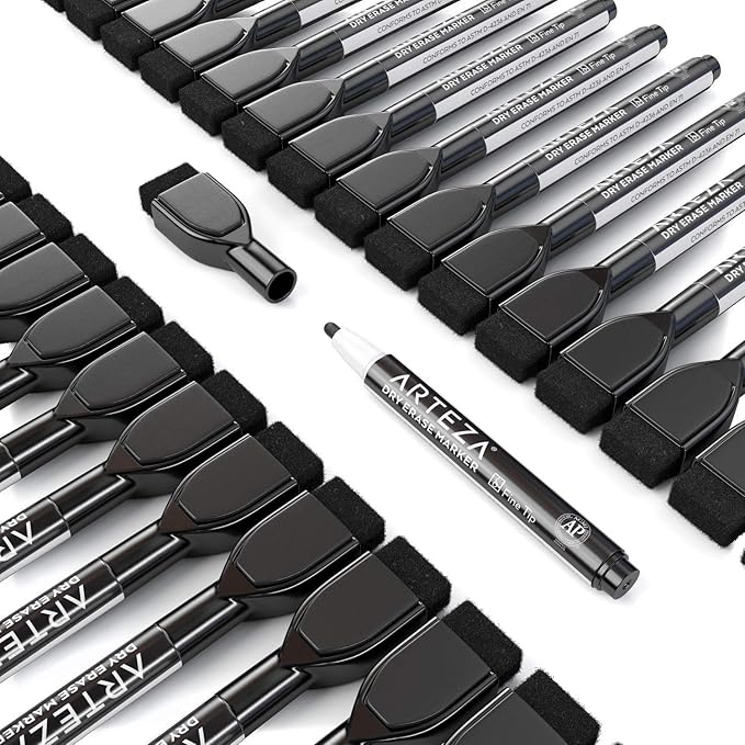 ARTEZA Black Dry Erase Markers with Erasers – Pack of 36 Magnetic Fine Tip Whiteboard Pens with Low-Odor Ink for Office & Home Use