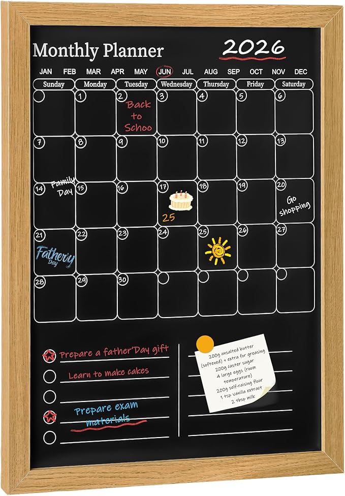 Magnetic Chalkboard Calendar for Wall – 17x13 Monthly Dry Erase Planner with Natural Wood Frame, 2-in-1 Vertical Memo & to-Do Board