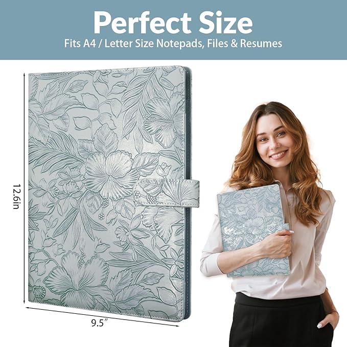 Professional Padfolio Portfolio Binder, Textured Embossing Faux Leather Folder Organizer for Letter Size Legal Pad Notepad Resume, Card Holder for Women Men Business Office Conference (Blue)