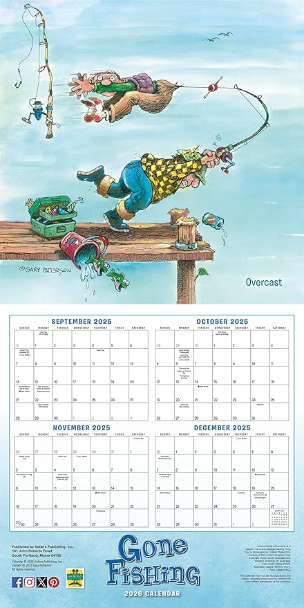 Gone Fishing 2026 Wall Calendar, 12-Month Fishing Humor & Cartoon Calendar by Gary Patterson, 12" x 12", Monthly Calendar 2026 Planner with Large Grids for Office or Home