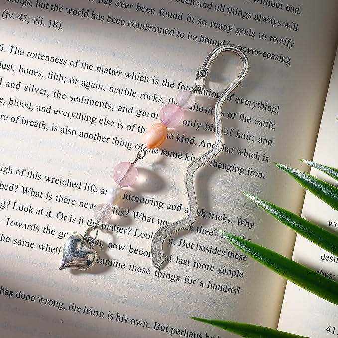 Vintage Metal Heart Pendant Bookmark with Natural Crystal Bead Chain–Elegant Bookmarks for Women,Men,Book Lovers,Teachers and Students(Rose Quartz)