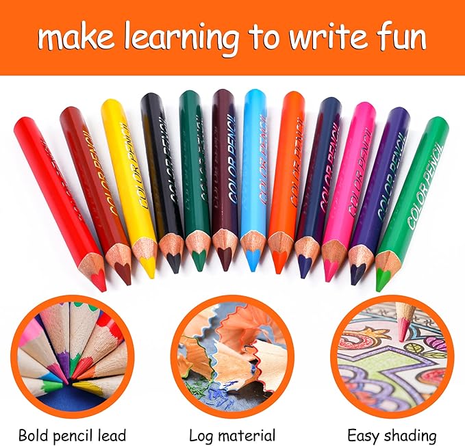 Triangular Jumbo Color Pencils, Short Fat Pre-Sharped Colored Pencils with Pencil Sharpener and Eraser,Gift for Student Drawing and Doodling（12 Colors）