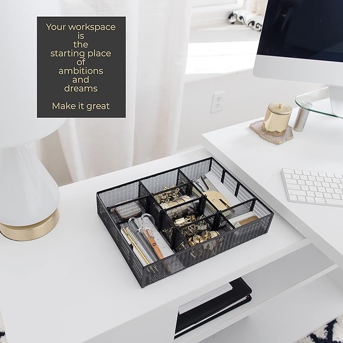 BLU MONACO | Black Metal Mesh Desk Drawer Organizer Tray | 12 Adjustable Compartments & 9 Removable Dividers | Space-Saving Office Supplies Organizer for Drawers, Vanity, Kitchen & Workspace Storage