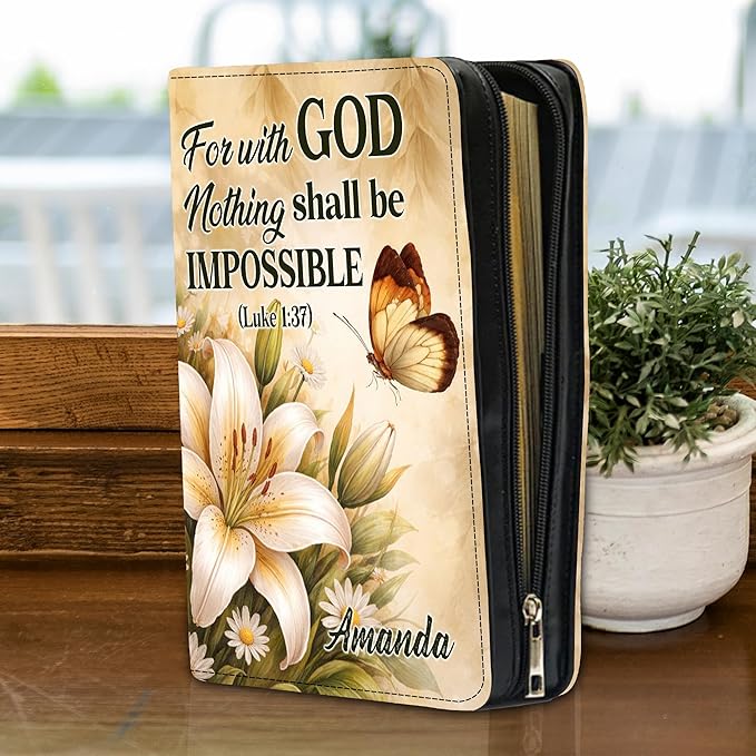 Custom Leather Bible Cover with Name – Personalized Bible Case for Women Zippered with Handle, Bookmark & Storage Pockets, Christian Gift for Mom, Daughter, Grandma (for with God, M-2XL)