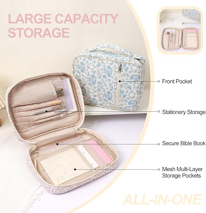 Large Bible Cover Case for Women,Bible Bag,Floral Bible Storage Bags with Zipper Pocket and Handle