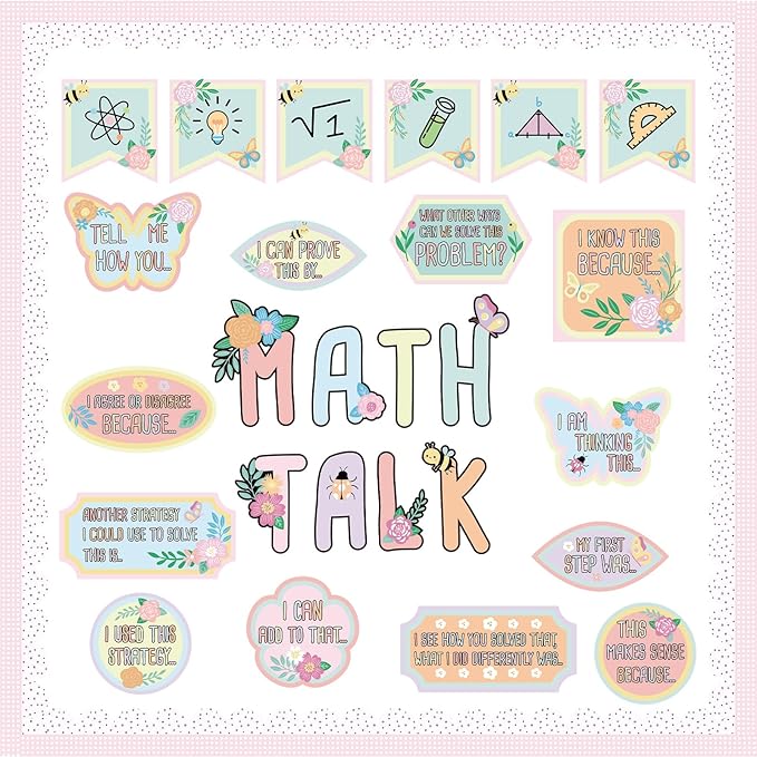 AmazingSpark Pink Floral Math Talk Bulletin Board Set Classroom Decorations Educational Maths Paper Cutouts Back to School Bulletin Board Decor Elementary Middle School Wall Decor Supplies
