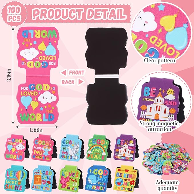 Resurhang 100 Pcs Bible Verses Magnetic Book Marks for Kids Motivational Magnet Religious Bookmark in 10 Designs 1.38 Inches Back to School Gifts for Teachers Students and Books Lover Gifts