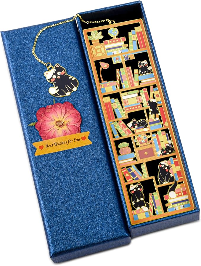 Teacher Appreciation Gift, Black Cat Metal Bookmark with Charm and Gift Box, Bookmarks for Women, Reading, Book Mark Gifts for Cat Lover, Graduation, Reader, Book Lover, Friends, Bestie, Mom, Dad