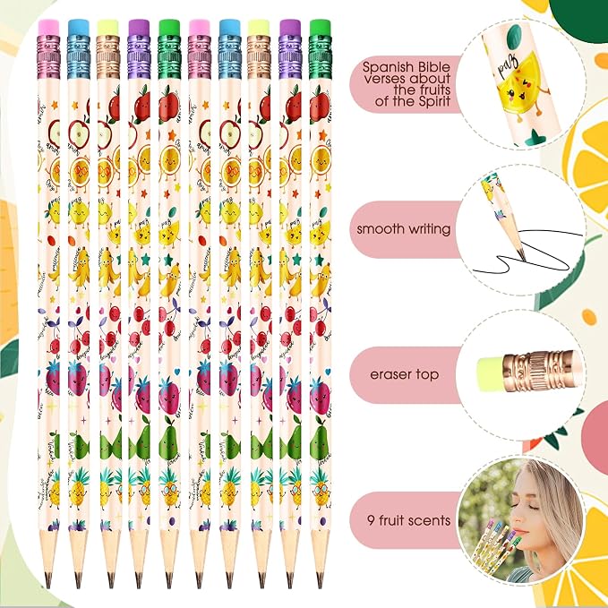 Dunzoom 36 Set Fruits of The Spirit Gift Fruit Scented Pencil with Eraser Christian Bookmark Religious Sunday School Prize Christian VBS Gifts for Church Gift Exchange (Spanish)