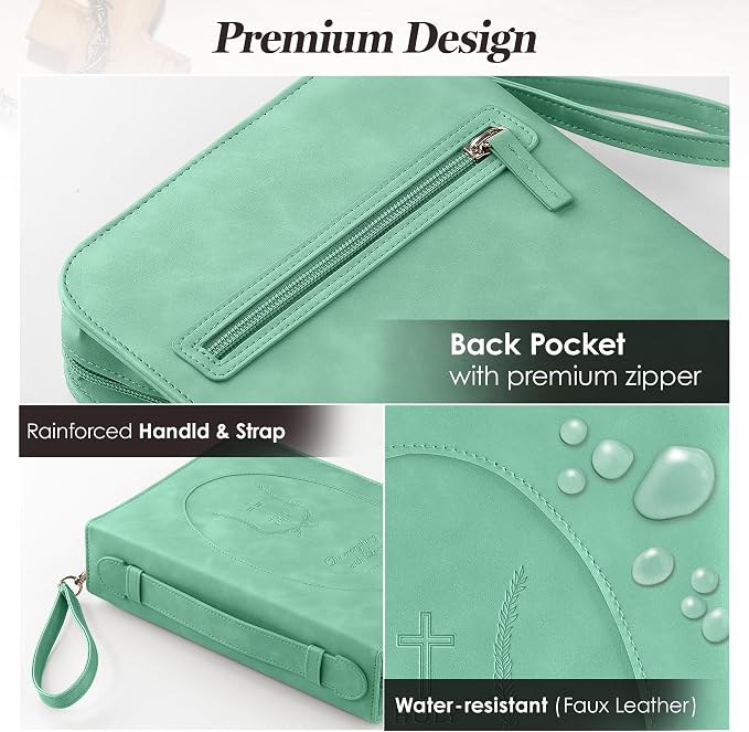 Leather Bible Cover for Women – Large Zippered Case with Handle and Pockets, Floral Book Protector for Study or Church, Christian Gift for Girls and Women, Large Size Bibles (Green)