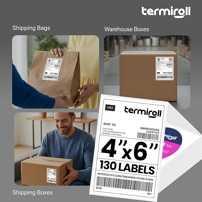 4x6 Thermal Labels, Shipping Stickers 130 Labels/Fanfold Perforated, Compatible with Rollo, Zebra, iDPRT, Munbyn & More Direct Thermal Printers, Strong Adhesive for Small & Medium Business