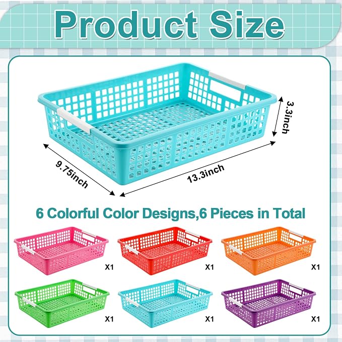 6 PCS Plastic Classroom Turn in Paper Trays Storage Bin Basket Organizers Holds 4A Paper File for School Teacher Supplies Classroom Office Home Organization and Storage Tray (Colorful)
