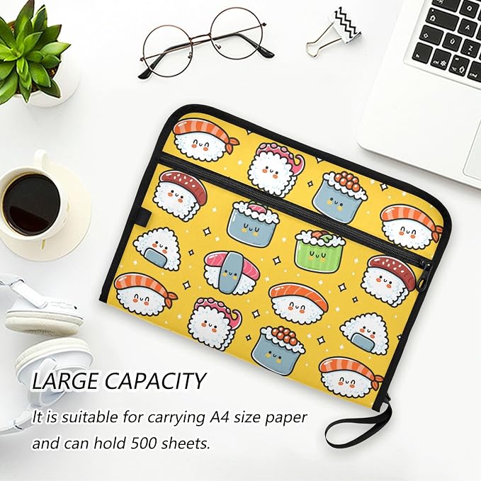 Cute Funny Sushi 13 Pockets Expanding File Folder with Sticky Labels Accordion File Folder Document Organizer Letter Size A4 Papers Expandable File Keeper