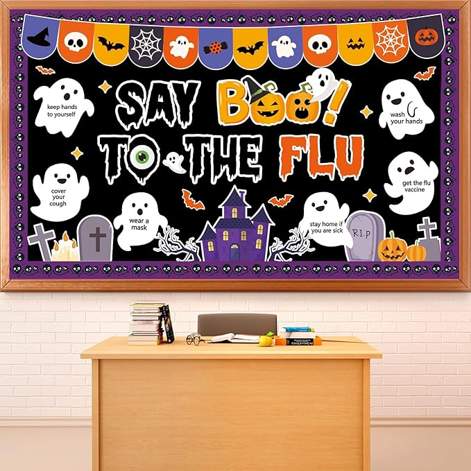 Halloween Ghost Bulletin Board Halloween Healthy Classroom Decorations Set Flu Awareness Theme Cutouts Ghost Pumpkin Paper Cutout for Office School Publicity Chalkboard Wall Decor