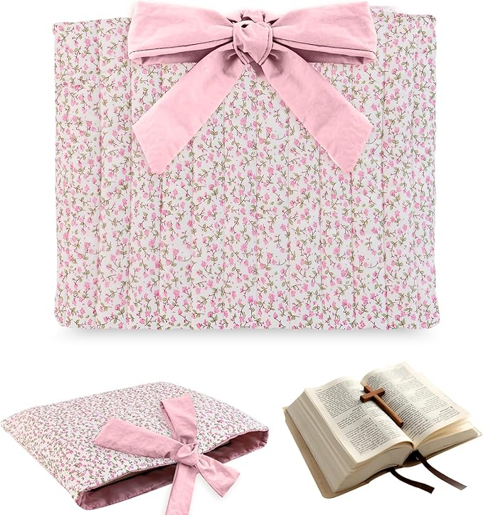 Bible Cover Case for Women,Large Bible Tote Bags for Women Organizer Quilted Bible Carrying Case(new) (Pink Flower)