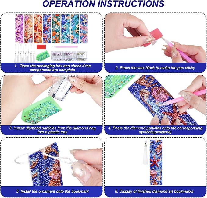 cnomg Diamond Art Bookmarks Kit for Adults 8 Pack Ocean Sea Shell Diamond Painting Bookmarks with Tassels 5D DIY Gem Art Bookmark Set for Craft Lovers Reading Gifts for Book Lovers Women