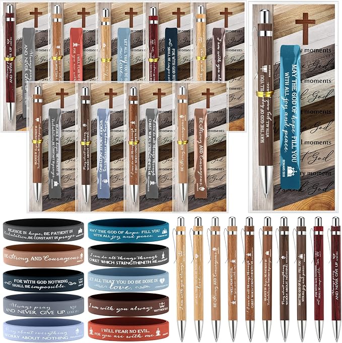 Spakon 25 Sets Father's Day Christian Gifts Bulk Bible Verses Pens Christian Silicone Bracelets Religious Paper Bookmarks for Women Men Sunday School Church Priest (Retro Style)