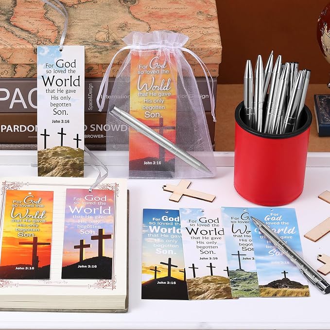 Dispowreath 24 Pcs/ 12 Sets John 3: 16 Church Gifts Religious Christian Gifts Include 12 Bible Verse Pen, 12 Religious Cross Bookmark for Church Handouts Prizes Party Favors