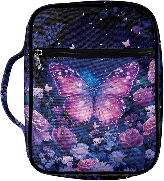 Suobstales Butterfly Rose Daisy Flower Print Bible Covers for Women Men Lightweight Bible Bag Bible Accessories with Handle and Zippered Pocket Bible Tote Bag for Kids