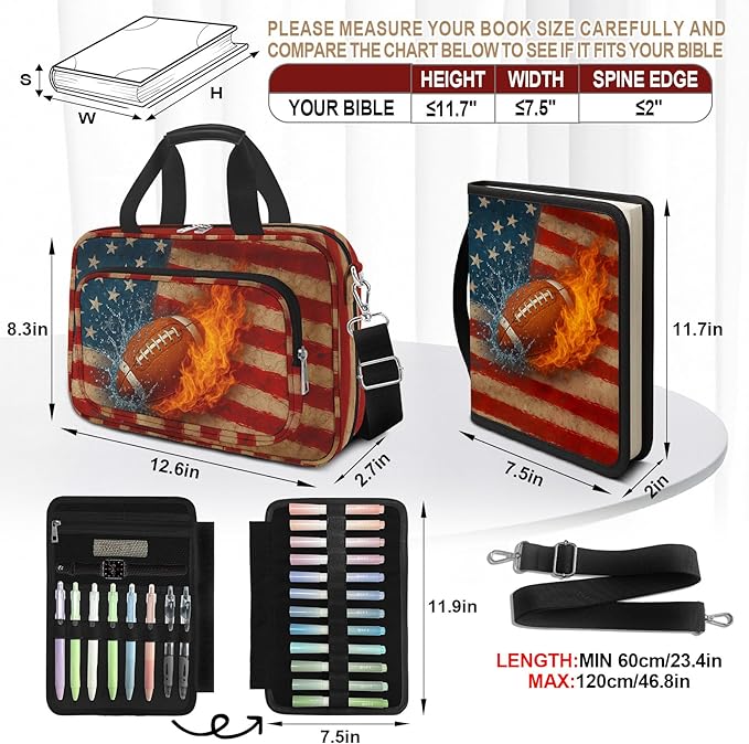 American Flag Football Bible Cover Case for Men Boys, Rugby Large Kids Bible Bag Book Carrying Case with Handle Zipper Pocket, Bible Study Supplies Journaling Kit Highlighters Pens Cross Clips
