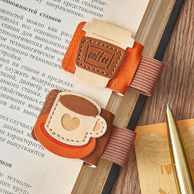 2pcs Coffee Magnetic Bookmarks, Vintage Leather Book Mark with Pen Holder for Reading Women, Magnet Bookmark Clip for Book Lover