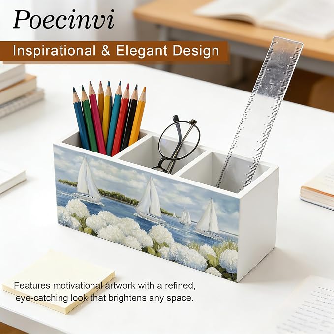 White Hydrangea Coastal Beach Pen Holder for Home Office Desk, Beach House Decor, Nautical Sailboat Hydrangea Flower Wooden Box Sign Pencil Holder for Desk Shelf Organizer