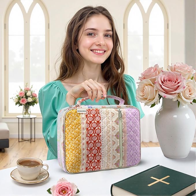 WOBAGMEN Bible Cover Case for Women,Large Bible Tote Bags Organizer Quilted Carrying Case for Girls,Bible Study Supplies Accessories Christian Gifts for Women (Yellow Floral, M)