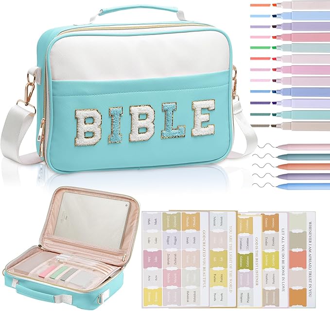 KOPKOFT Bible Cover Case for Women, Large Chenille Letter Leather Bible Case with Bible Study Accessories, Bible Study Supplies Bible Journaling Kit, Christmas Christian Gift for Women Girls