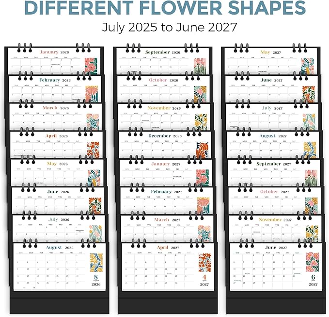 KONVINIT Small Desk Calendar 2025-2027, Flower 2026 Desk Calendar - Runs From July 2025 Until June 2027-6.3" x 3.1", 24 Months Small Calendar for School, Home and Office Supplies