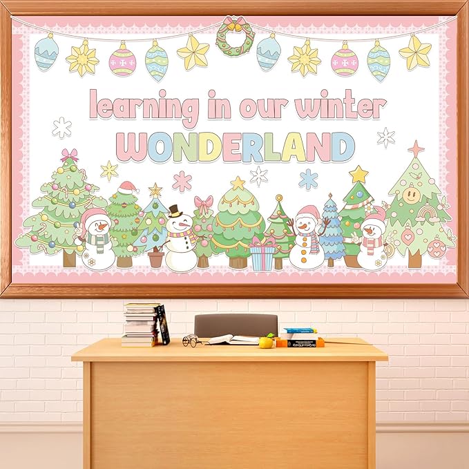 Christmas Bulletin Board Pastel Xmas Tree Paper Cutouts Winter Wonderland Bulletin Board Decorations for School Classroom Home Chalkboard Wall Door Decor Christmas Winter Holiday Party Supplies