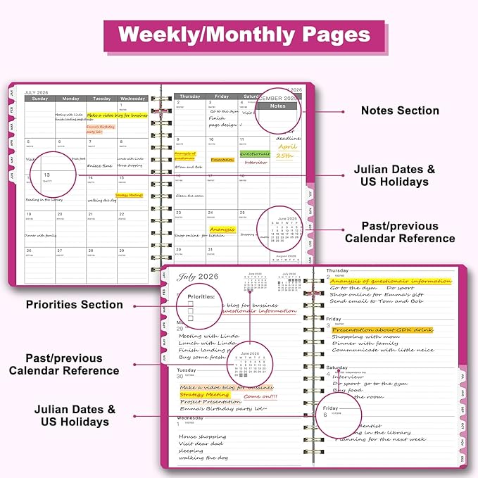 Ymumuda 2026 Planner, Daily Weekly and Monthly Planner，Jan 2026 - Dec 2026, 8.4" x 6.3", 2026 Calendar Planner Book with Tabs, Spiral Notebook with Inner Pocket for Office Home School Supplies