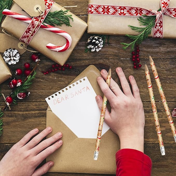Whaline 36Pcs Christmas Pencils with Erasers Cute Gingerbread Man Writing Pencil Cartoon Christmas Wood Pencils for Winter Xmas Stationery Gift Party Favors