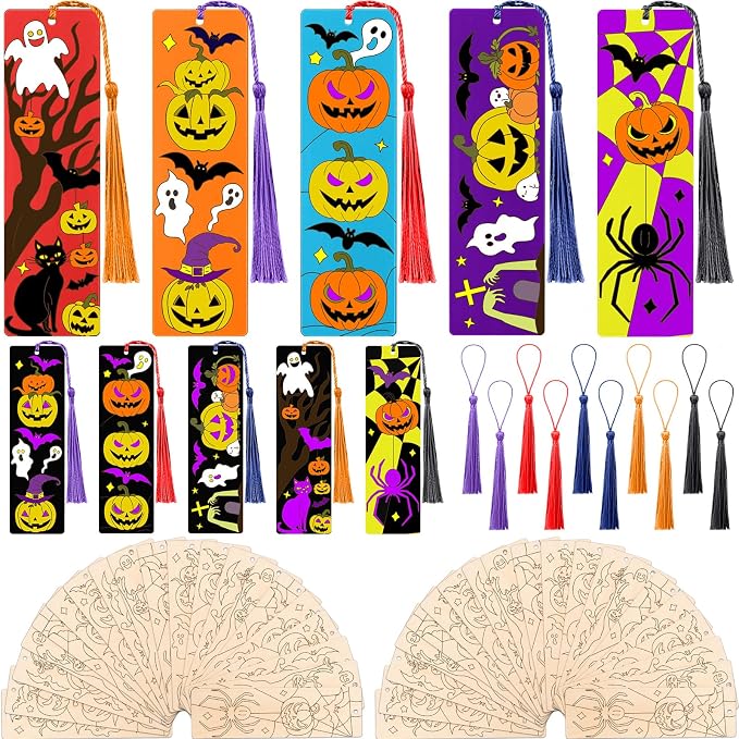 AmazingSpark 100 Pcs Wood Bookmarks Bulk DIY Crafts Kit, 50 Set Blank Coloring Bookmarks with Tassel for Classroom Gifts Exchange Activity Reading Party Favor Reward Goodie Fillers(Halloween)