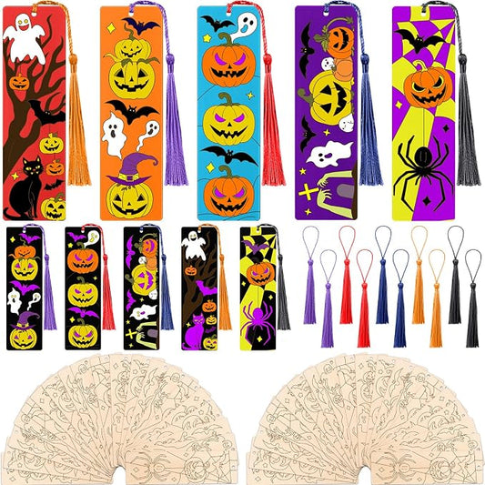 AmazingSpark 100 Pcs Wood Bookmarks Bulk DIY Crafts Kit, 50 Set Blank Coloring Bookmarks with Tassel for Classroom Gifts Exchange Activity Reading Party Favor Reward Goodie Fillers(Halloween)