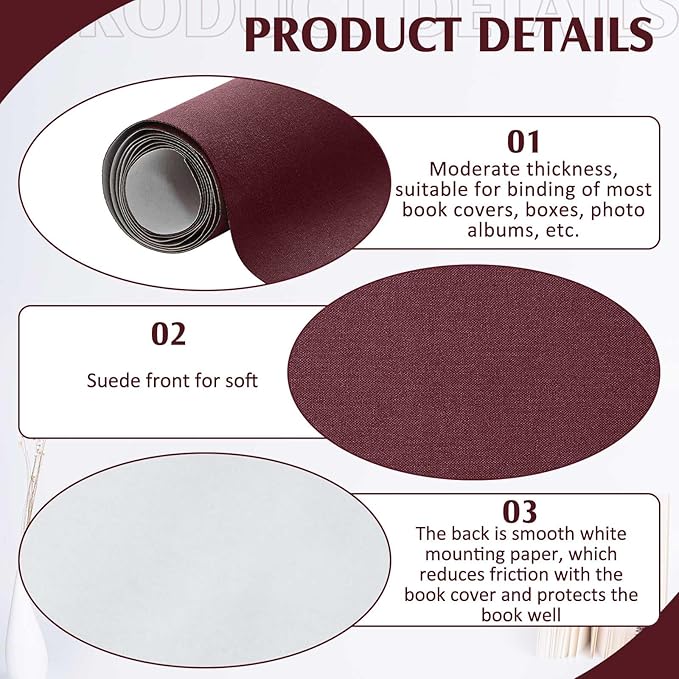 PerKoop Book Cloth for Book Binding 40 x 16 Inch Fabric Surface Paper Backed Bookcover Archival European Durable Strong Bookbinding Supplies Cover Books Album Scrapbooking (Dark Red,Suede Fabric)