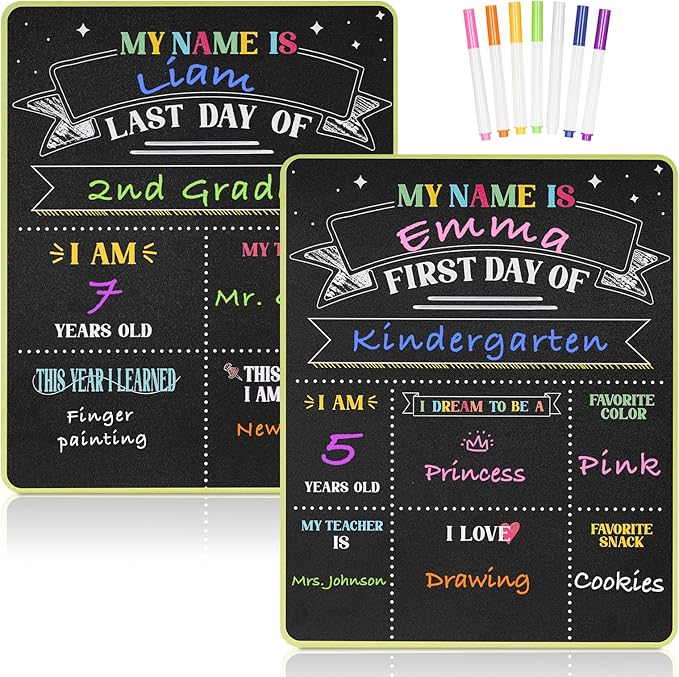 First & Last Day of School Sign - 11x14 Double-Sided Reusable Chalkboard with 7 Chalk Markers - Photo Prop Keepsake Gift for Kids Preschool Kindergarten 1st-5th Grade Back to School