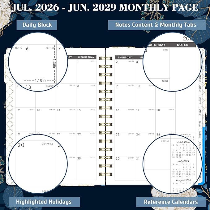 2026-2029 Monthly Planner/Calendar - 3 Year Monthly Planner 2026-2029, 6.3" x 8.4", July 2026 - June 2029, Months Tabs, Inner Pocket, Elastic Closure, Twin-Wire Binding