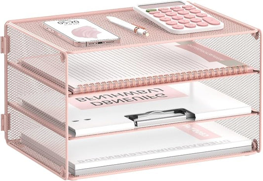 DALTACK 3 Tier Letter Tray Paper Organizer for Desk, Mesh Metal Desk File Organizer with Sliding Trays for Letter/A4 Paper, Mail, Bills & Folders, Pink